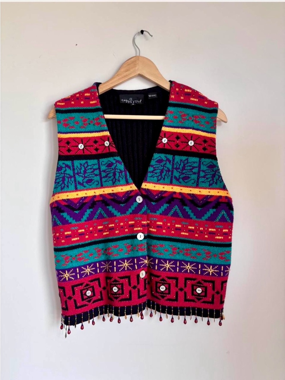 Carole Little Multicolor Beaded Knit Vest - Teal, Purple, Red & Gold